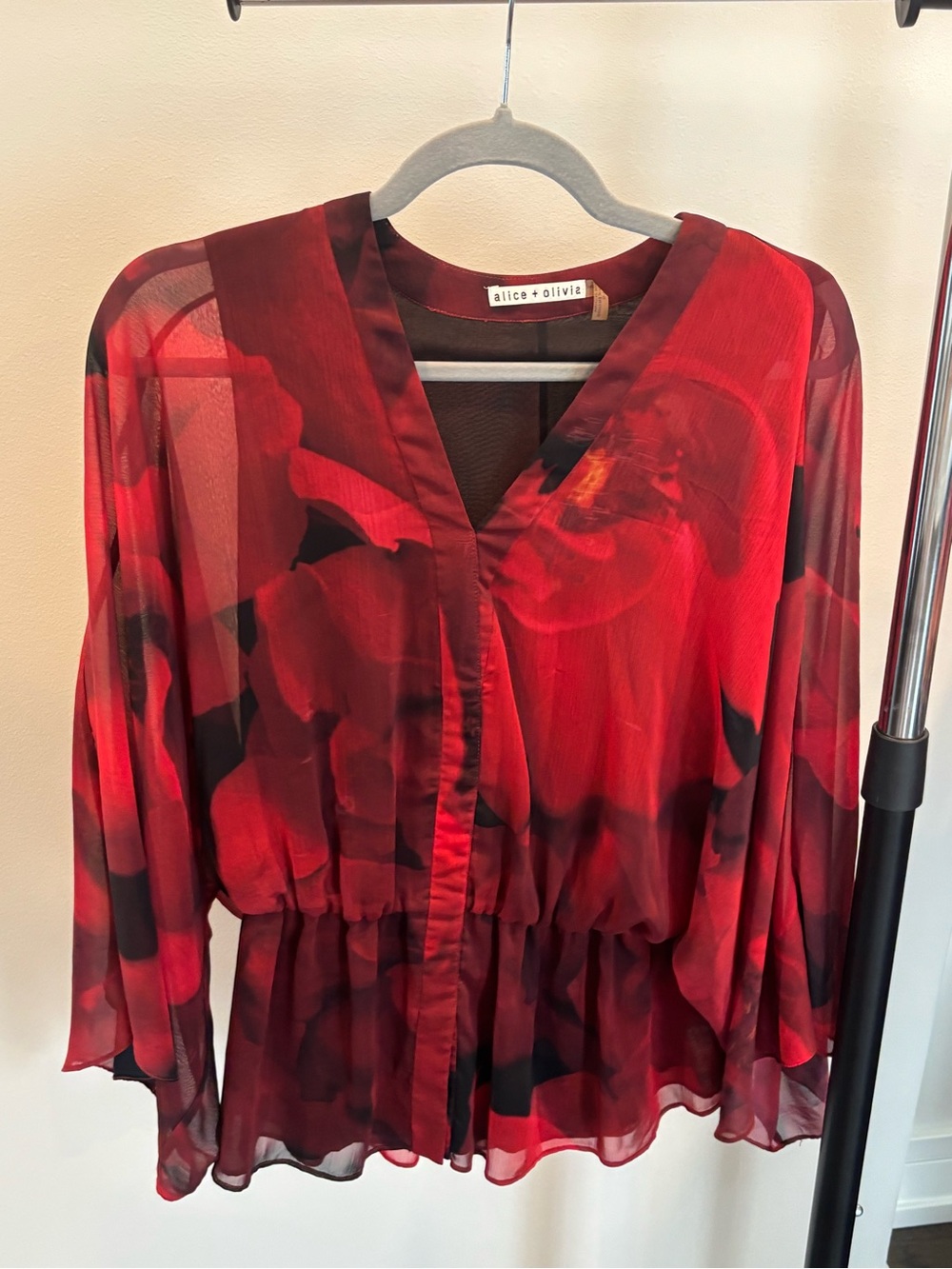 Alice + Olivia Red and Black Sheer Floral V-Neck Peplum Blouse
